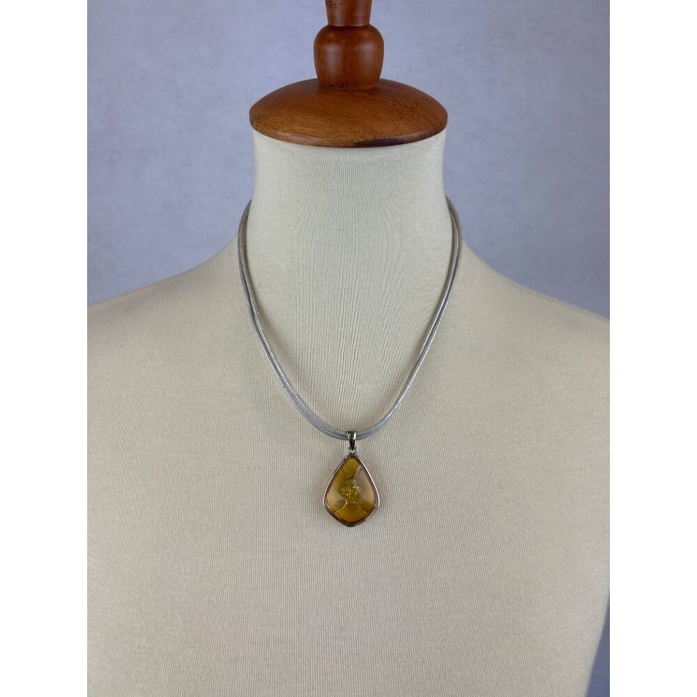 Yellow Glass Pendant Necklace With Silver Tone Trim Adjustable Cord